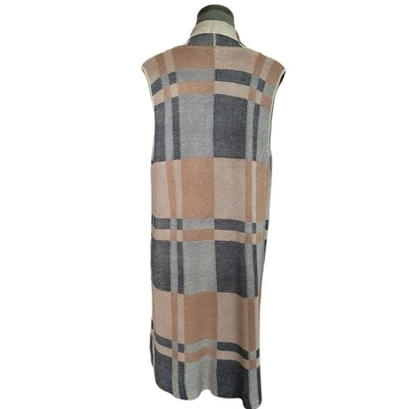 Women's 1775 Long Plaid Vest Cardigan Size M Open Front Sleeveless Tan Blue EXC - Picture 7 of 9